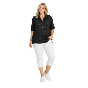 2/$30 ZARA Womens XL Jet Black Button-Up Crochet Shirt Short Sleeve